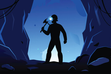 A lone miner's silhouetted figure, dramatically backlit, with a bright headlamp illuminating the dark mine shaft.  Emphasis on atmospheric lighting and texture. © ndomble