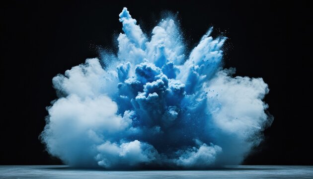 Dynamic Blue and White Powder Explosion Against Black Background