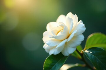 Obraz premium Delicate white camellia flower blooms in the morning dew, flowers in bloom, blossom, white
