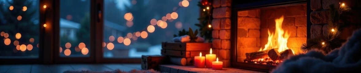 Cozy fireplace glow is complemented by colorful holiday lights outside, cozy fireplace, twinkling candles, warm ambiance