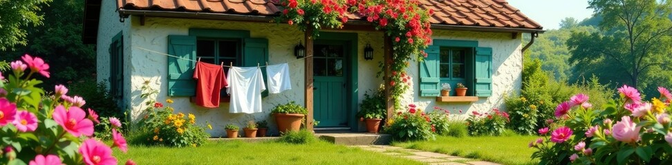Cozy countryside cottage with clothesline and flowers, cottage, laundry