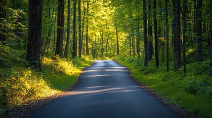 Fototapeta premium Serene Forest Pathway Nature Landscape Photography Sunlit Greenery Tranquil Viewpoint