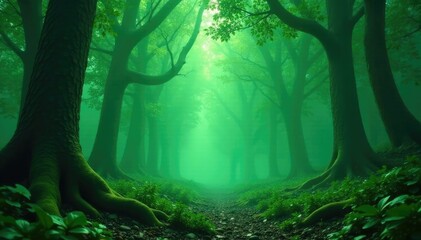 Ancient forest with green smoke billowing from trees, leaves, bark