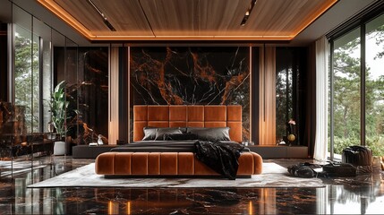 Luxurious bedroom design, forest view, marble walls