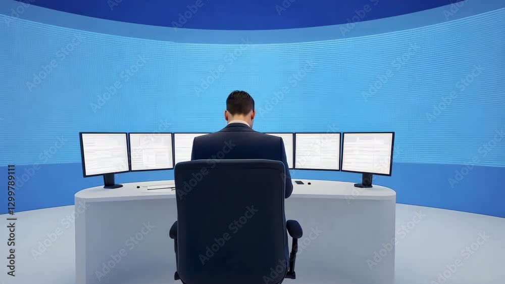 Poster man in suit at desk with multiple computer monitors in modern, blue toned control room, focusing on 