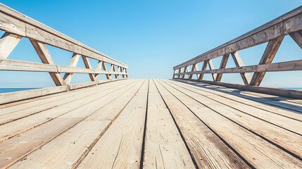 Obraz premium Wooden Bridge Over Sand Leading to Ocean Under Blue Sky