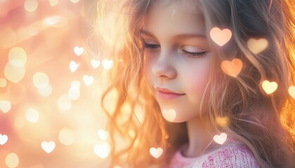 A Dreamy Portrait of a Cute Little Girl Surrounded by Golden Hearts and Sparkling Lights