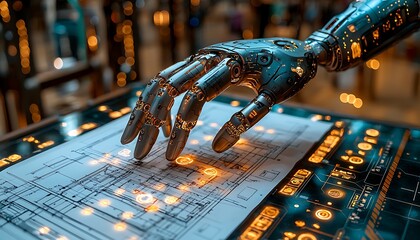 Robot hand analyzing blueprint, indoor display