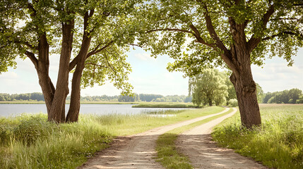 Summer Countryside Landscape: Dirt Path Leading to a Tranquil Lake