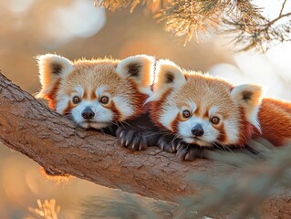 Fototapeta premium Two Adorable Red Pandas Resting on Tree Branch, Warm Sunlight, Wildlife Photography