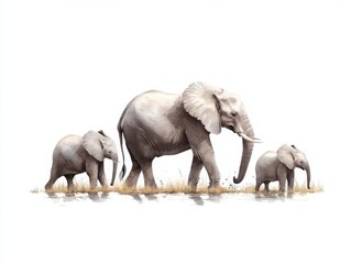 Watercolor illustration of an African elephant family walking, mother with two baby elephants.