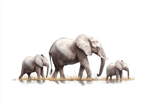 Watercolor illustration of an African elephant family walking, mother with two baby elephants.