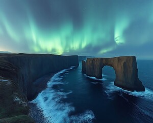 Aurora over cliffs & arch. Iceland ocean view