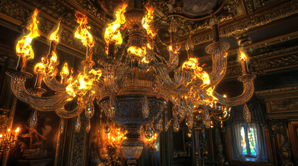 Obraz premium A grand chandelier engulfed in flames, illuminating an opulent room with ornate decor