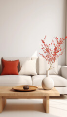 Modern Minimalist Living Room White Sofa Wooden Coffee Table Red Flowers