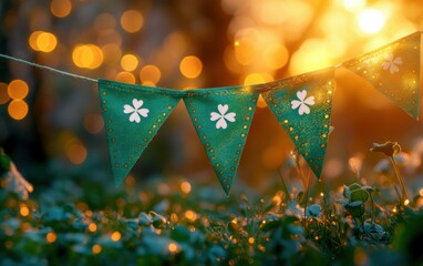 Happy St. Patrick's Day Background, a green pennant flag with white shamrocks, waving in the wind, placed in front of a rainbow and glowing golden bokeh