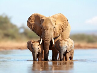 African Elephants Family Standing Together in Water, Mammal Wildlife Portrait