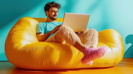 Young Man Relaxing on Inflatable Chair with Laptop, Working from Home