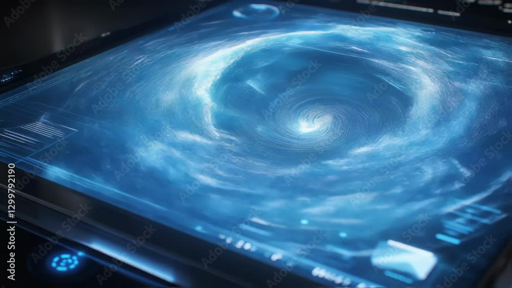 Poster complex graphical user interface displays rotating blue cyclone simulation on a futuristic control p