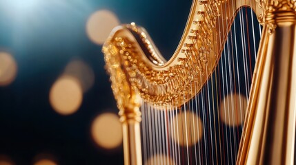 Luxurious golden harp instrument, detailed, illuminated with warm bokeh, concert atmosphere.