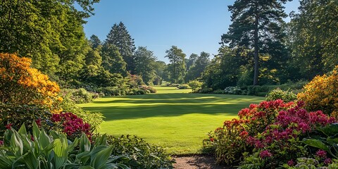 Obraz premium Serene Garden Landscape: A Picturesque View of Lush Greenery and Vibrant Blooms under a Clear Blue Sky