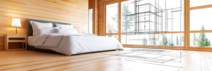 bedroom under construction with architecture blueprint overlay over half 