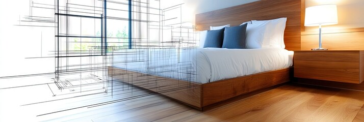 bedroom under construction with architecture blueprint overlay over half 