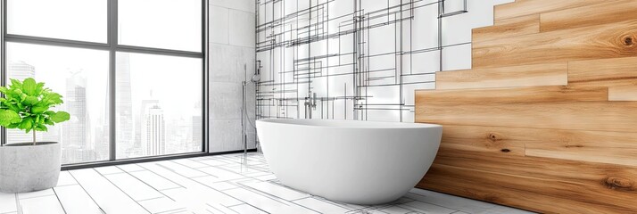 bathroom under construction with architecture blueprint overlay over half