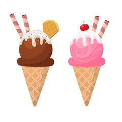 Ice cream in a waffle cone set of 2 chocolate and strawberry cartoon cute tasty looking sweets dessert vector illustration with toppings isolated on white background