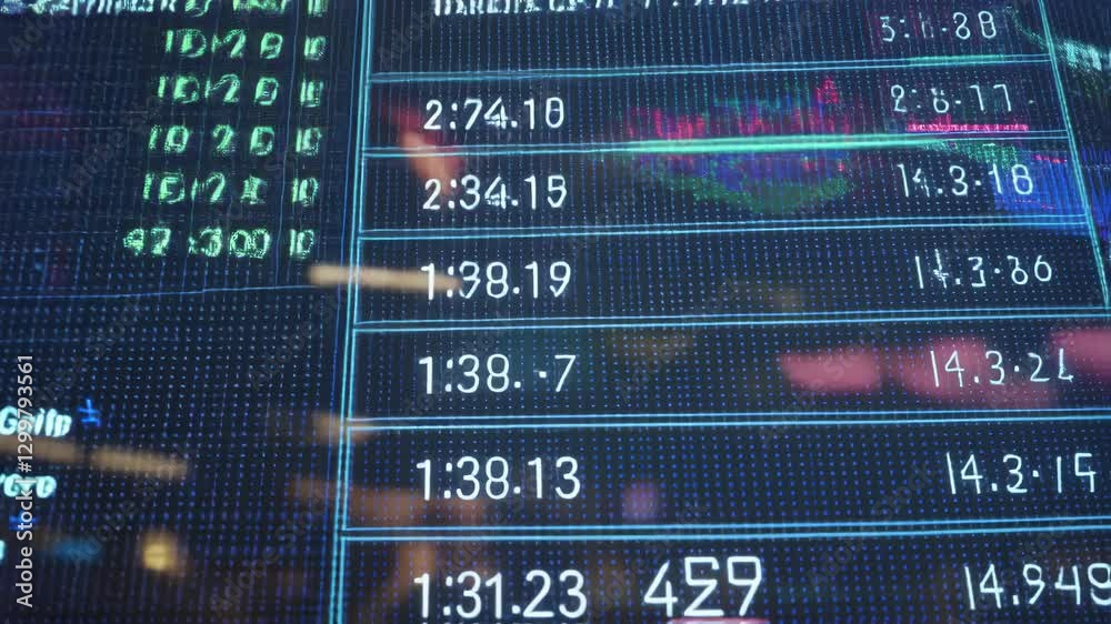 Poster financial data streams across multiple digital displays, showing fluctuating values and market trend