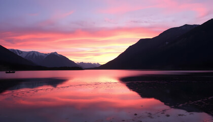 Serene Pink Sunset Over Majestic Mountain Lake Landscape
