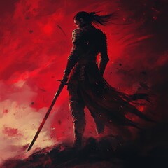 Medieval Warrior Stands Guard with Sword in Crimson Battle Landscape Illustration