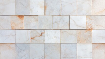 Marble floor concept. A textured marble tile surface featuring a mix of white and subtle orange hues, arranged in a grid pattern.