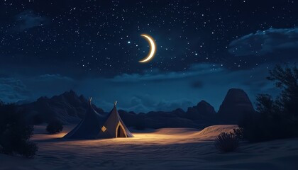Fototapeta premium Serene Desert Night Scene with Illuminated Tent under Crescent Moon and Starry Sky