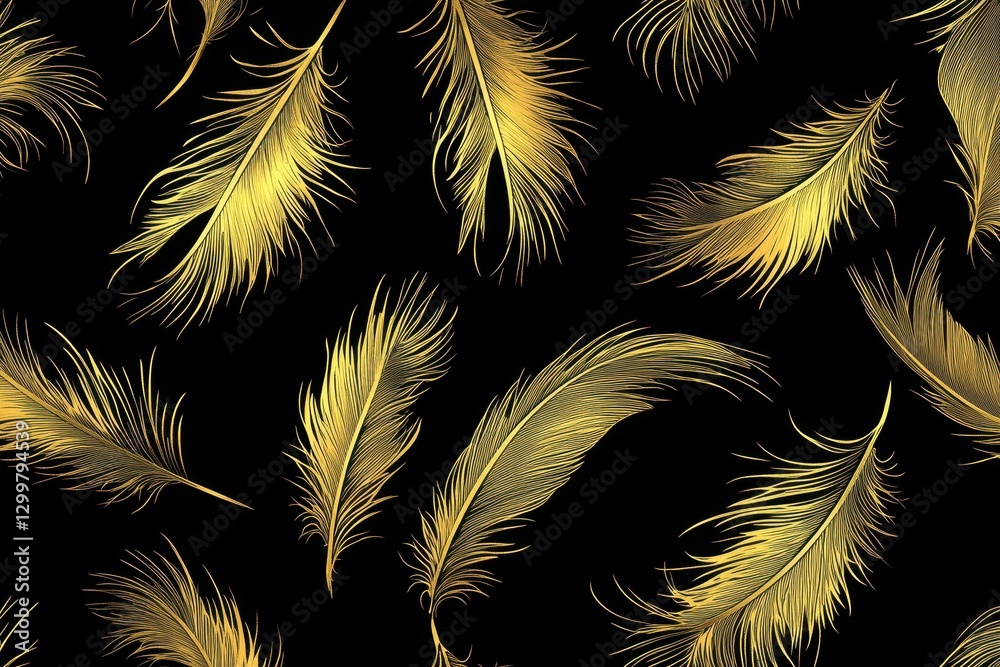 Poster elegant golden feathers seamless pattern on black background