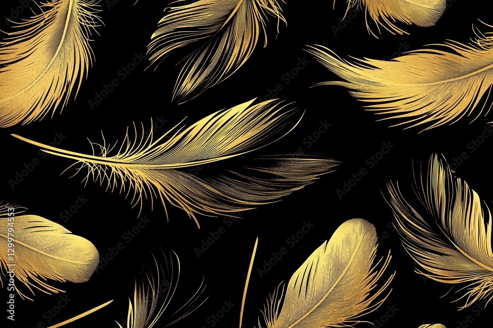 Poster golden feathers on black background seamless pattern texture