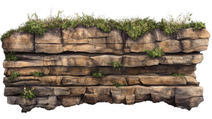 Elevated rocky stratum with vibrant greenery in an isolated composition