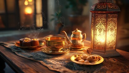 Naklejka premium Warm and Cozy Evening Tea Setting with Golden Accents