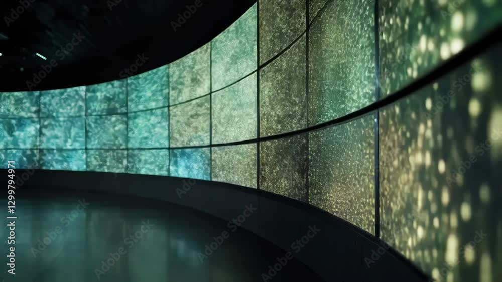 Fototapete Complex data visualization flowing dynamically across multiple curved screens, revealing intricate network patterns in darkened technological environment