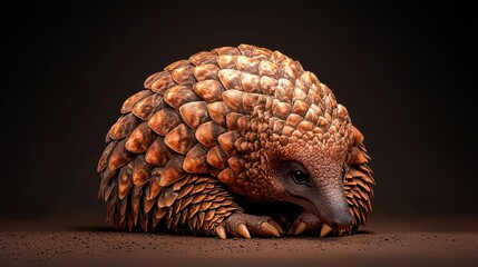 Obraz premium Wildlife Serengeti Landscape savanna concept. A close-up of a pangolin, showcasing its unique scales and curled posture against a dark background.