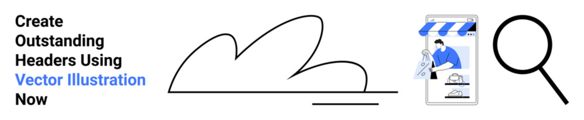 Cloud shape, storefront with person, and magnifying glass highlighting e-commerce, cloud computing, and digital research concepts. Ideal for e-commerce, technology, research, branding exploration