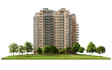 High-rise building, transparent PNG background with green grass and trees, architectural design