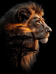 Naklejka premium Majestic Lion at Sunset in the African Savanna A Powerful Portrait of African Wildlife
