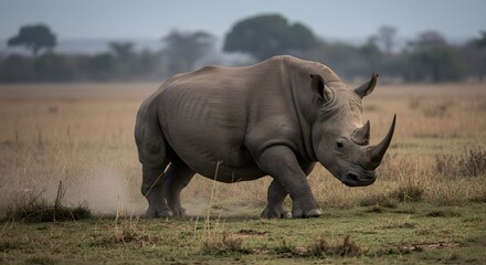 Fototapeta premium White Rhinoceros Walking Across African Savanna Grassland