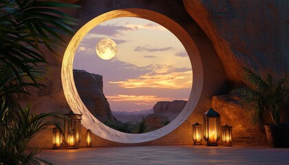 Serene Desert Landscape Viewed Through a Circular Stone Archway at Sunset with a Full Moon