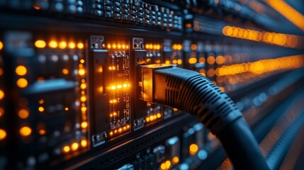 Close-up of network cable plugged into server rack with glowing lights.