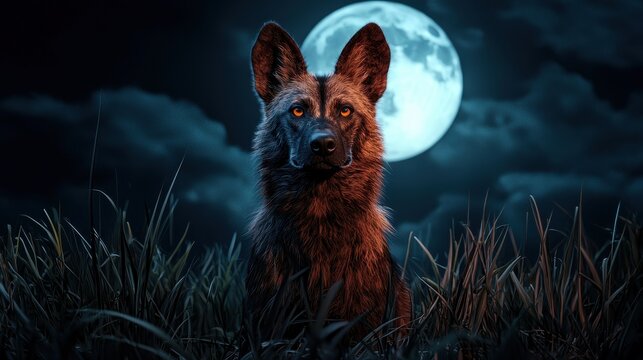 Wildlife Serengeti Landscape savanna concept. A majestic dog sits in a dark field, illuminated by a full moon, creating a mystical and serene nighttime atmosphere.