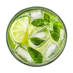 Gin tonic mojito cocktail with mint in a glass top view isolated on transparent white background, clipping path