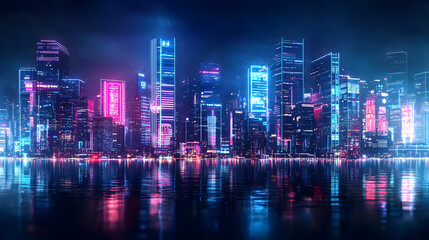 Obraz premium Vibrant Neon Cityscape At Night With Reflective Water And Glowing Skyscrapers