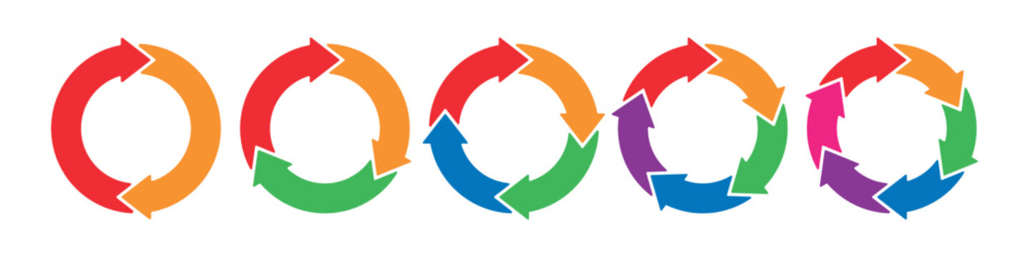 Colorful circle transition stages. Circular arrows. Diagram infographic set. Rotation cycle vector 2, 3, 4, 5, 6, parts. Cyrcle, process, and flow concept